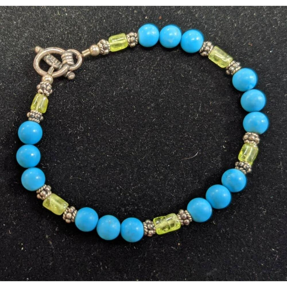 Vintage Handmade Turquoise Beaded Bracelet Green Glass Brass Accents 7.5 Inch